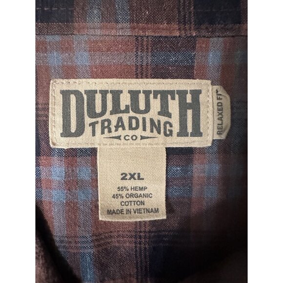 Duluth Trading Shirt Mens 2XL Red Plaid Short Sleeve Button Up Hemp Cotton Blend - Picture 2 of 4